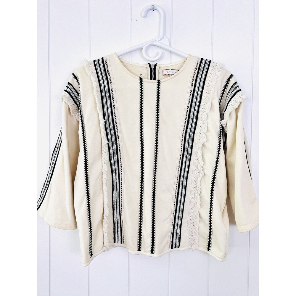 Anthropologie Eri + Ali Santillana Cream & Black Fringed Boho Blouse XS Festival